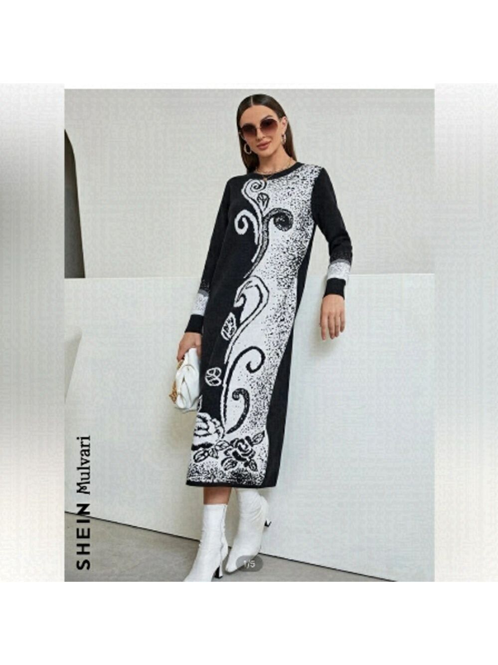 Mulvari Floral Pattern Colour block White Black Sweater Dress Sz M NWOT